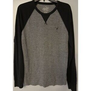 American Eagle Thermal Shirt Mens Med Gray Black Long Sleeve Waffle Knit